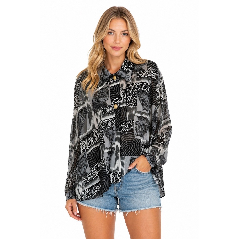 Vtg Leopard Print Sheer Blouse 2X Black White Oversized Layered Artsy Statement